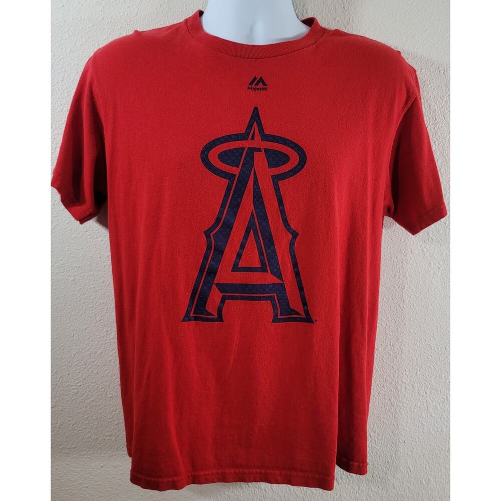 Majestic Red Blue Angels Baseball Big A Graphic Logo Trout 27 Shirt Medium